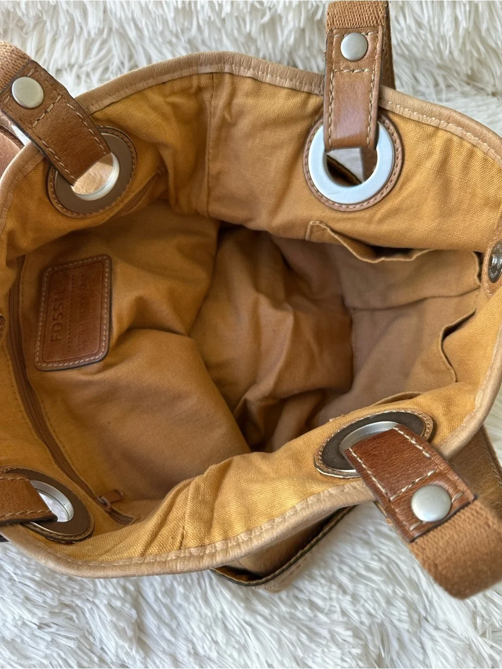 Fossil Long Live Vintage Leather Tote Bag Brown Cognac Hobo Shoulder Purse Y2K